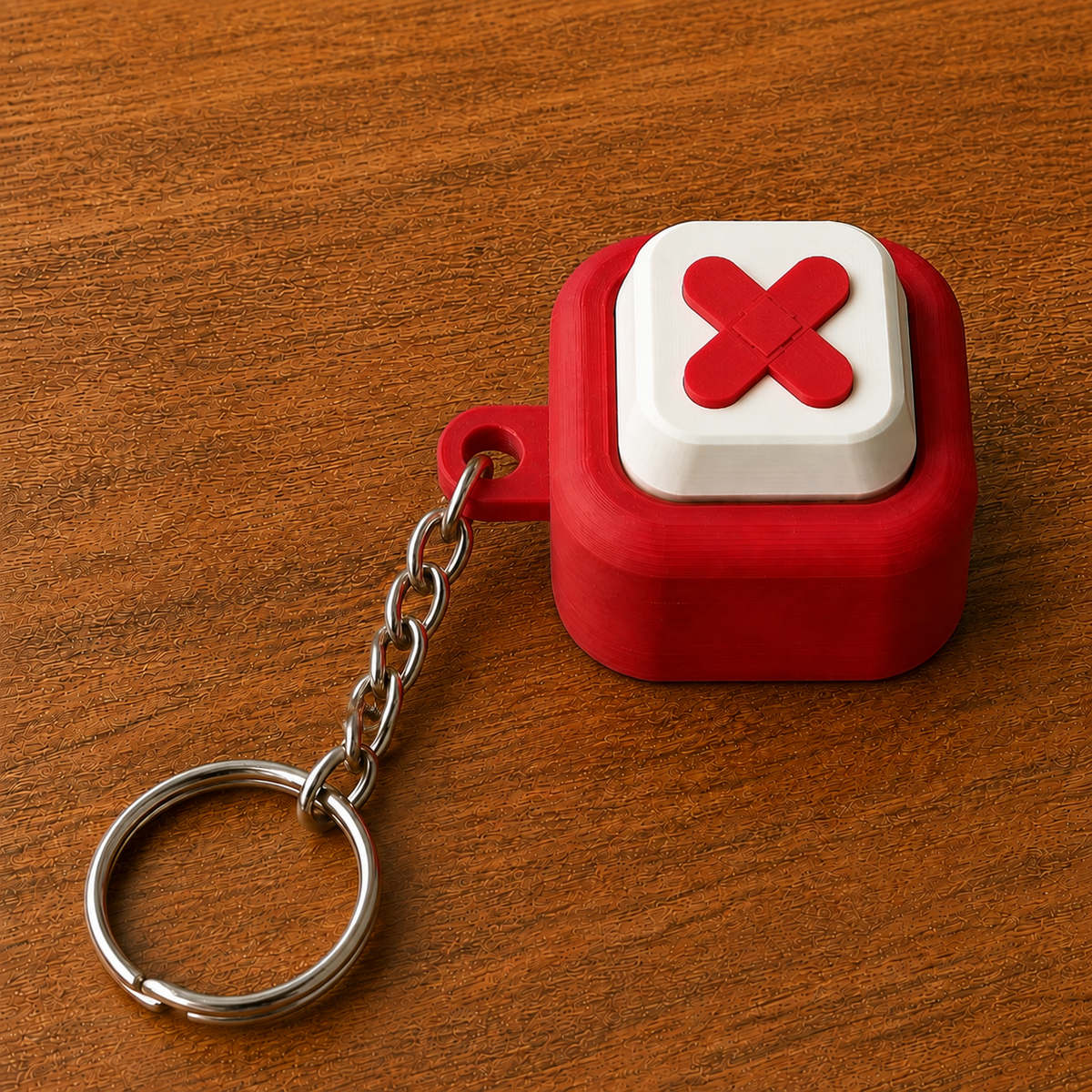 Red and white Hospital Clicker with a crossed bandages design, raised white button, side loop, metal chain and split ring on a wooden surface.