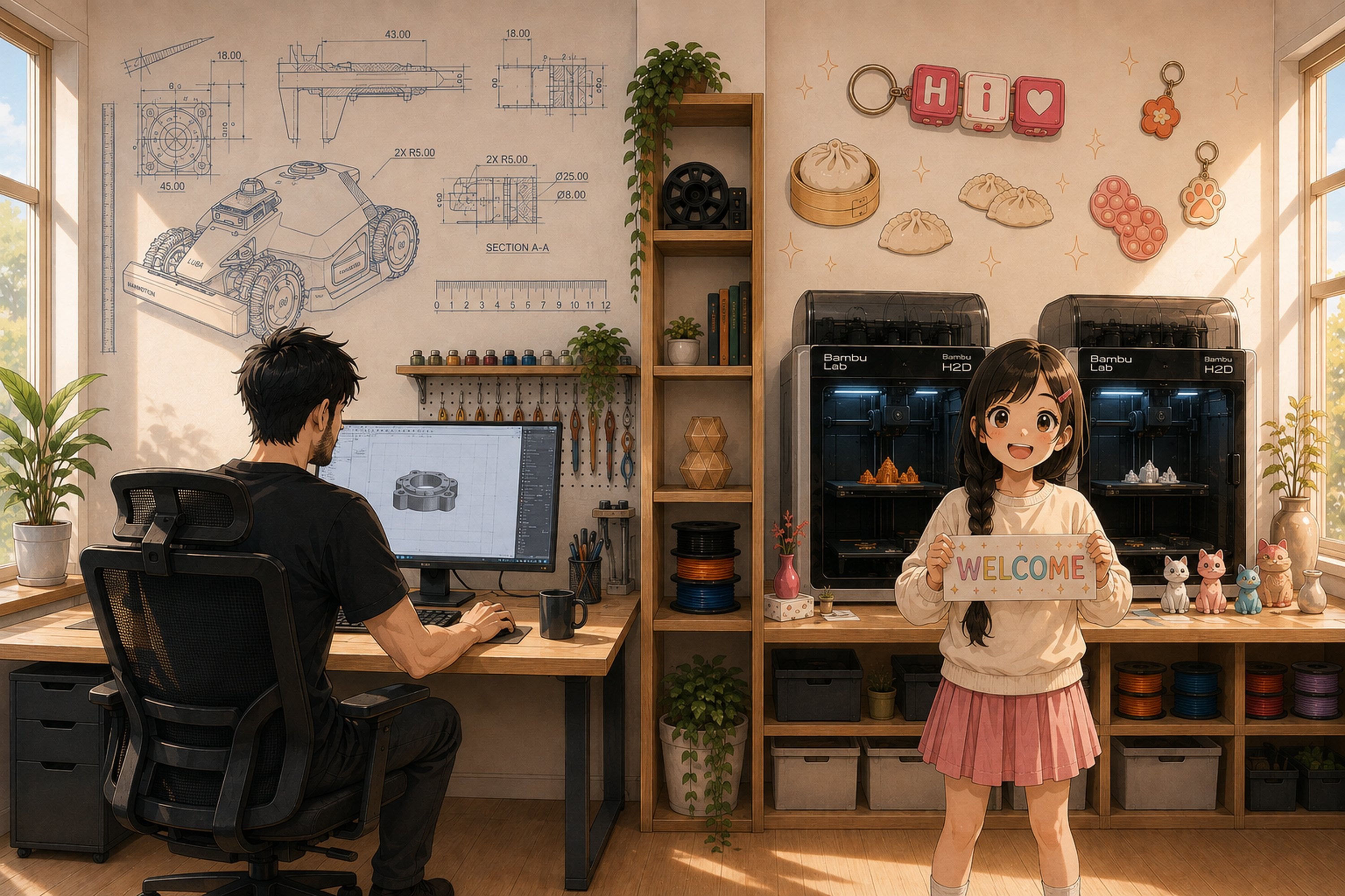 The PrintedbyAdermalm workshop - Alex at the CAD desk with a Luba blueprint on the left, Lova with her printers and keychains on the right