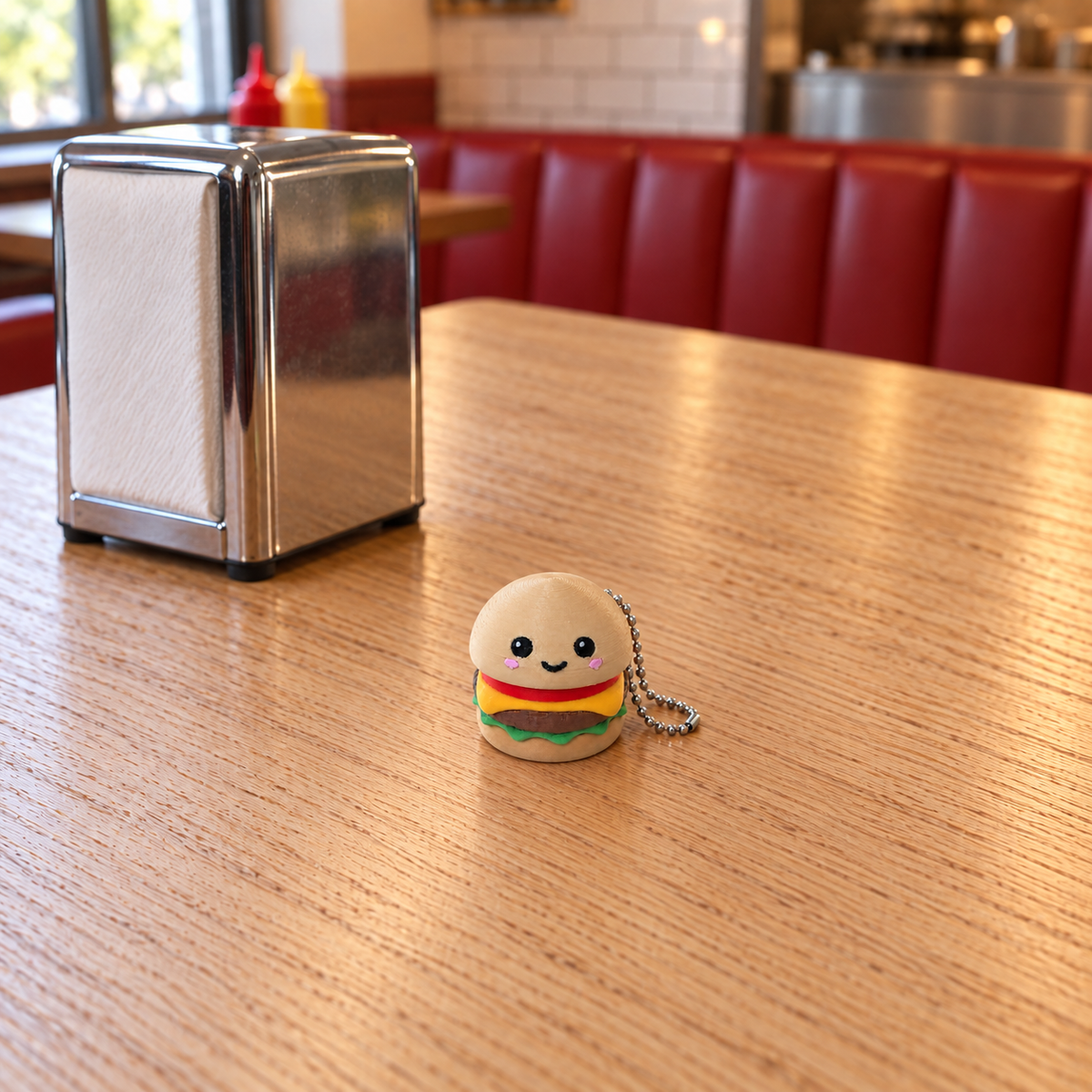 Smiling hamburger fidget clicker with bun, tomato, cheese, patty and lettuce on a wooden restaurant table, with a silver ball chain beside it.