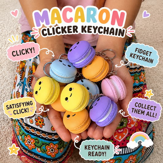 Macaron fidget clickers with smiling faces in pastel colors, held in a child's hands