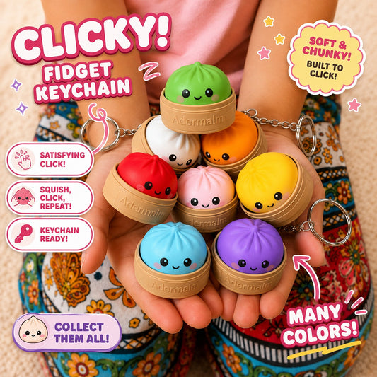 Clicky fidget keychain — colorful dumpling clickers in steamer baskets, collect them all
