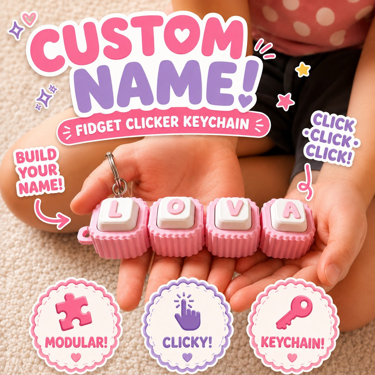 Custom name fidget clicker keychain — build your name with clicky letter modules