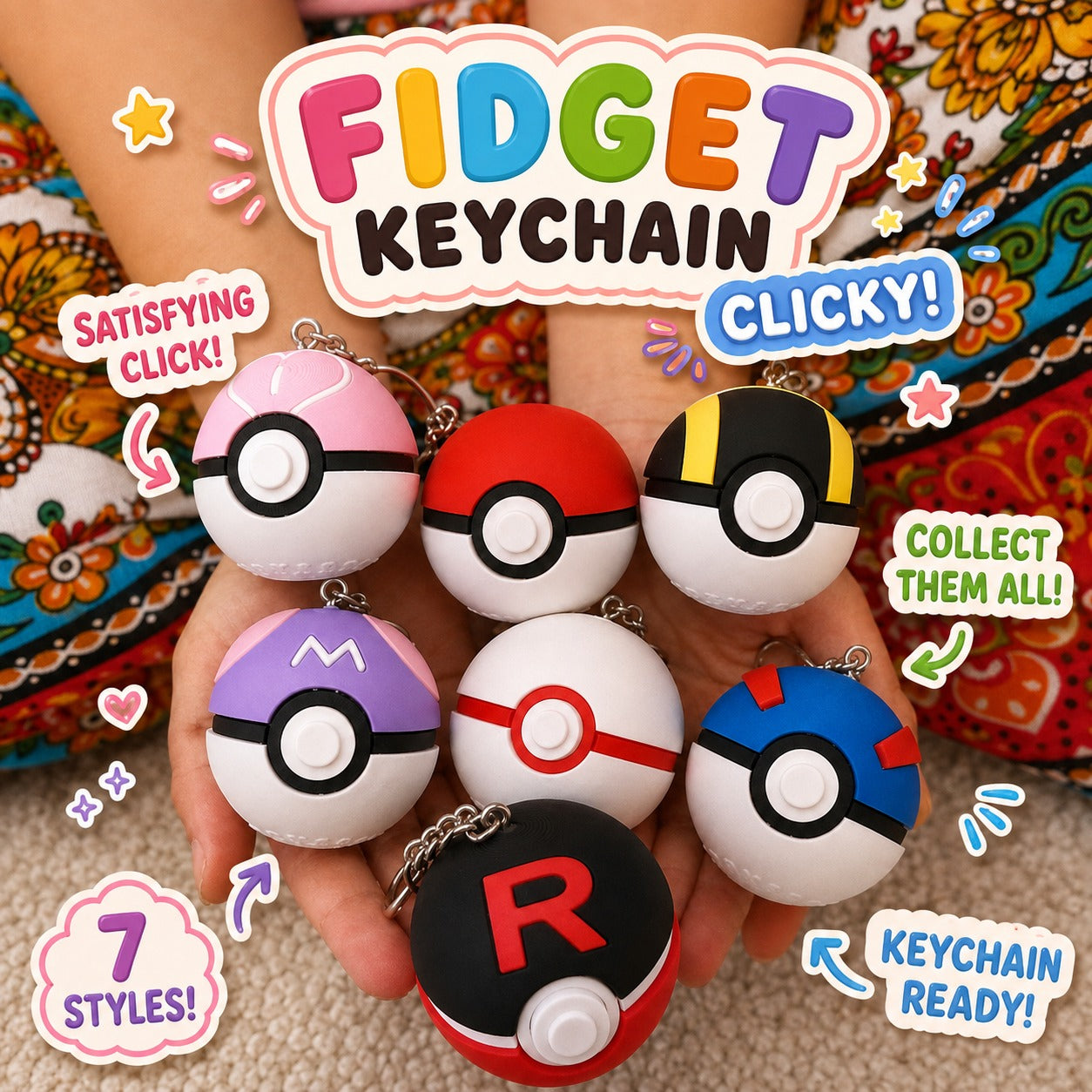 Fidget clicker keychain — seven ball styles held in two hands, collect them all