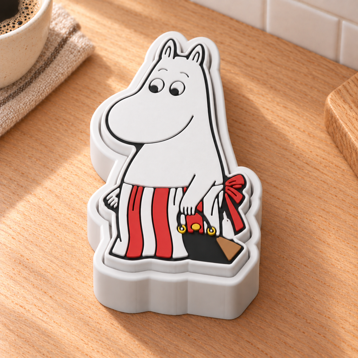 Moominmamma fidget clicker with striped apron and black handbag in a Scandinavian kitchen.