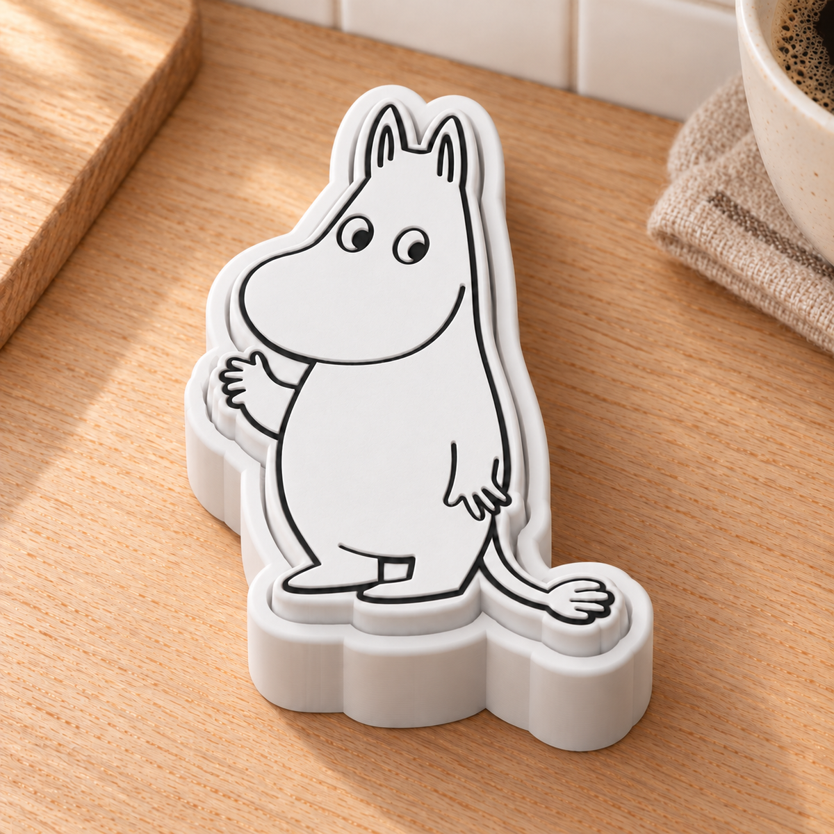 White Moomintroll fidget clicker with black facial details on a Scandinavian kitchen counter.