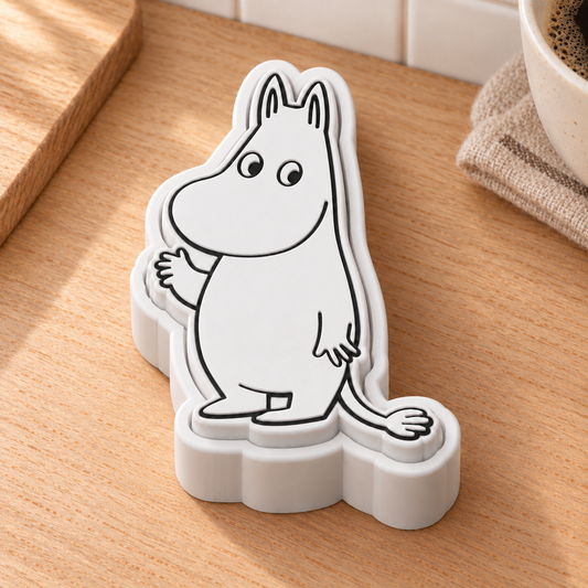 White Moomintroll fidget clicker with black facial details on a Scandinavian kitchen counter.