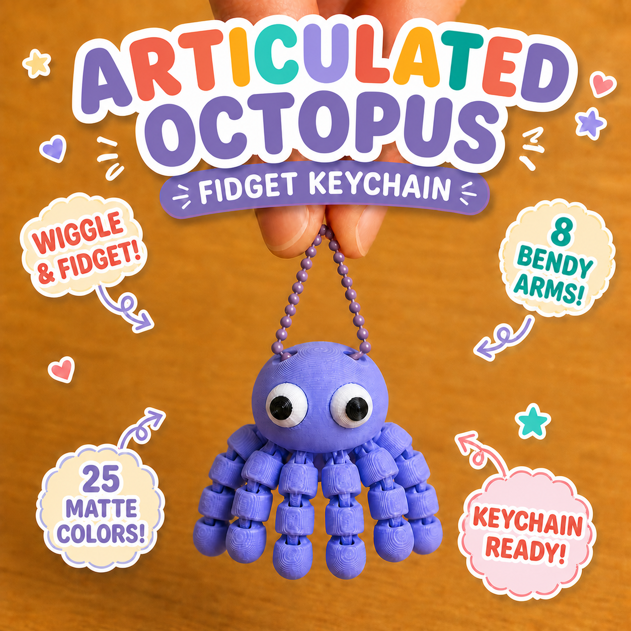 Articulated octopus fidget keychain promo — a lilac purple octopus hanging from a ball chain, with 25 matte colors and eight jointed arms
