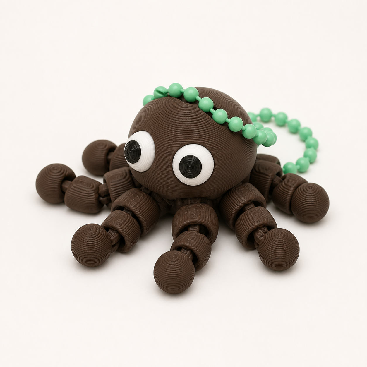 Dark Chocolate articulated octopus flexi keychain with white eyes, on a ball chain