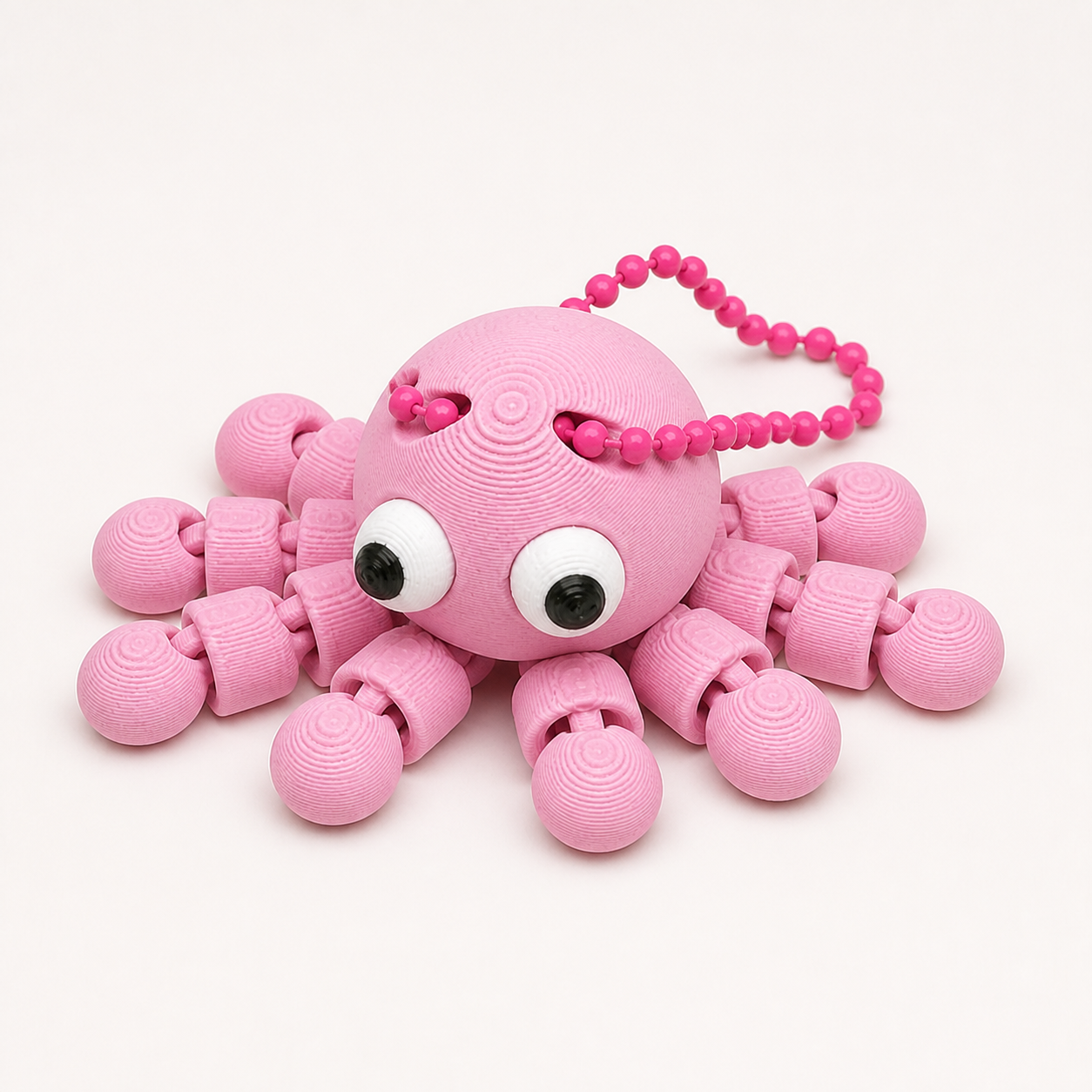 Sakura Pink articulated octopus flexi keychain with white eyes, on a ball chain