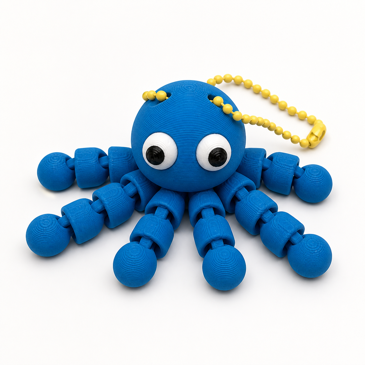 Marine Blue articulated octopus flexi keychain with white eyes, on a ball chain
