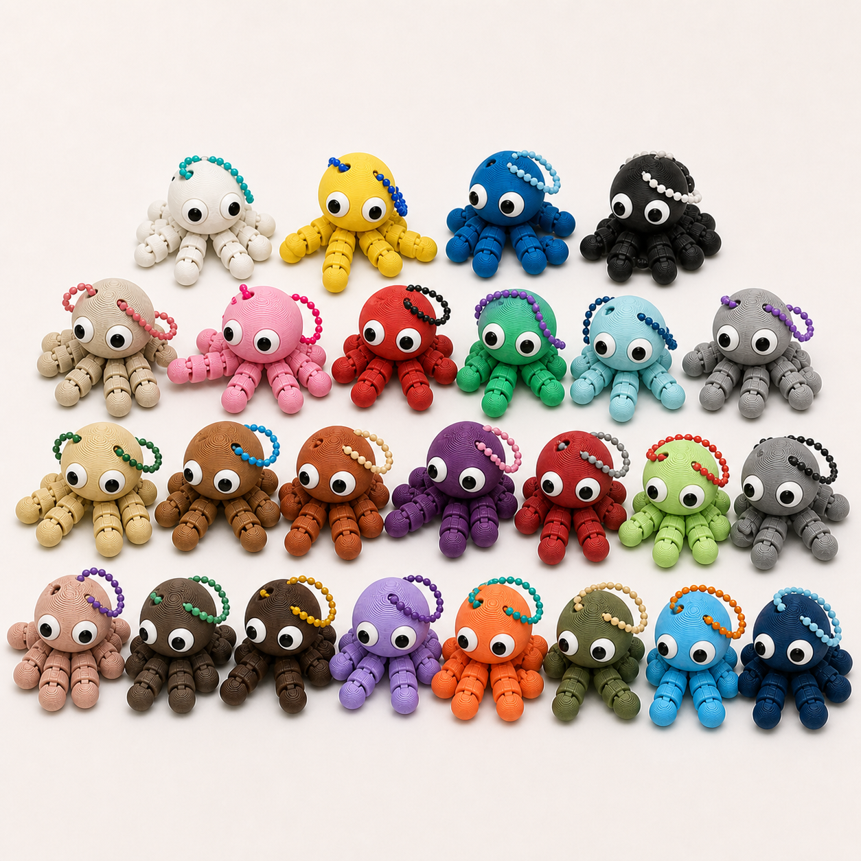 The full range of 25 articulated octopus flexi keychain colours laid out flat, from ivory white to charcoal