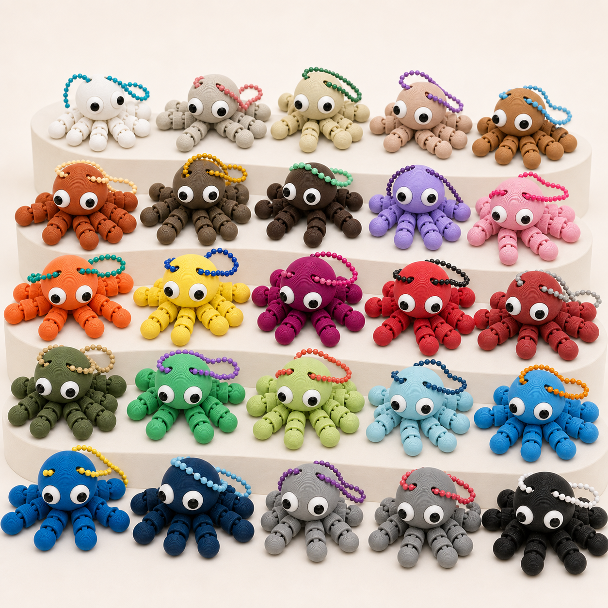 All 25 colours of the articulated octopus flexi keychain arranged on tiered display steps, each on a contrasting ball chain
