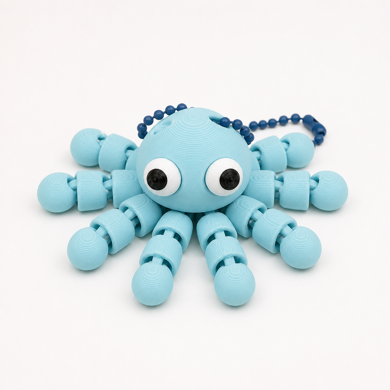 Ice Blue articulated octopus flexi keychain with white eyes, on a ball chain