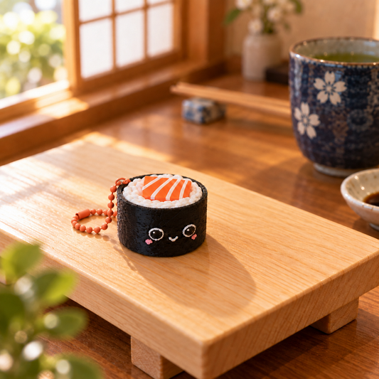 Salmon sushi fidget clicker with an orange-and-white topping, smiling black nori body and matte orange ball chain on a wooden sushi board.