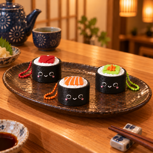 Three smiling sushi clickers with salmon, tuna and avocado toppings, each with a matching matte-coloured ball chain, on a restaurant serving plate.